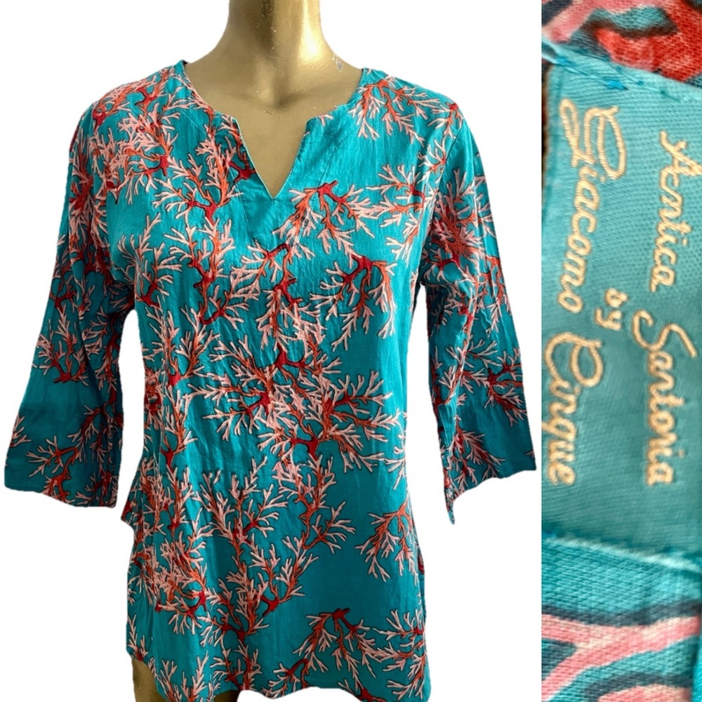ANTICA SARTORIA by Giacomo Cinque ITALIAN Sea CORAL Print TUNIC Resort TOP O/S